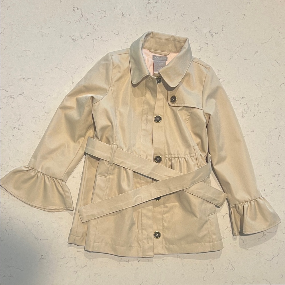 Tahari Beige Ruffle Sleeve Raincoat